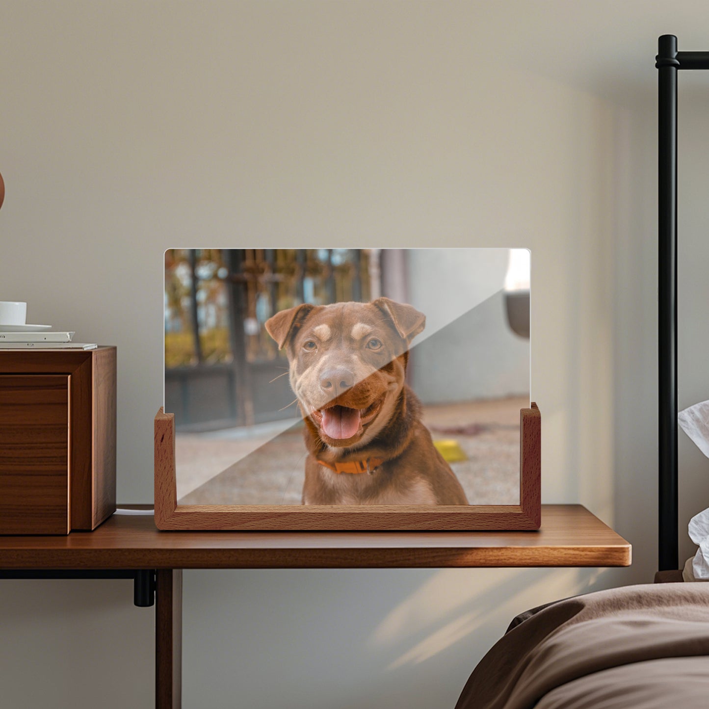 Custom acrylic photo night light with U-shaped wooden stand