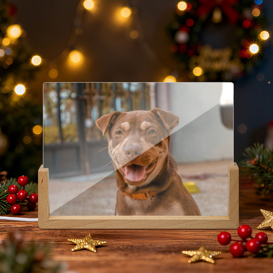 U-shaped wood base LED lamp with dog photo