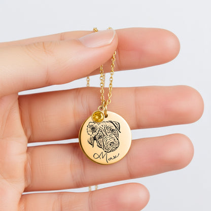 Gold coin necklace engraved with dog photo