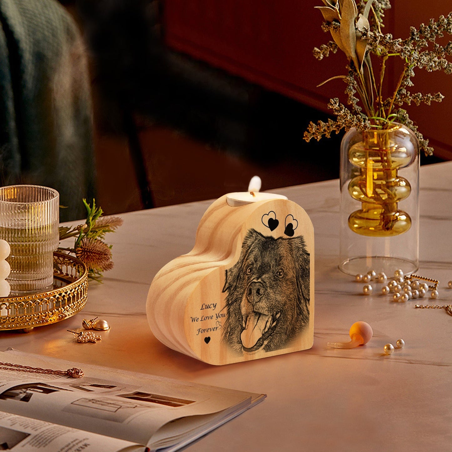 1357. Wooden Memorial Candle Holder Heart - shaped - SixCat