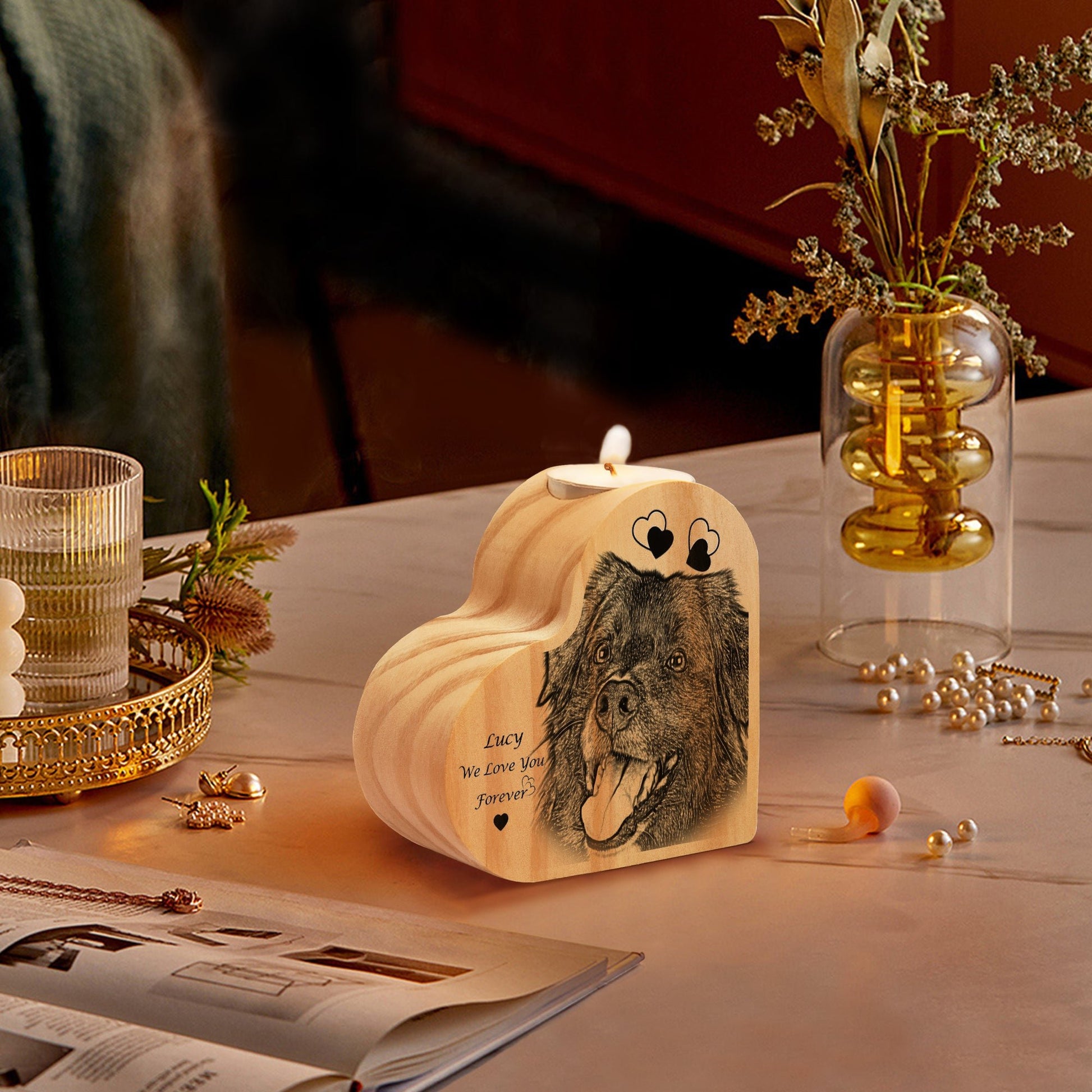 1357. Wooden Memorial Candle Holder Heart - shaped - SixCat