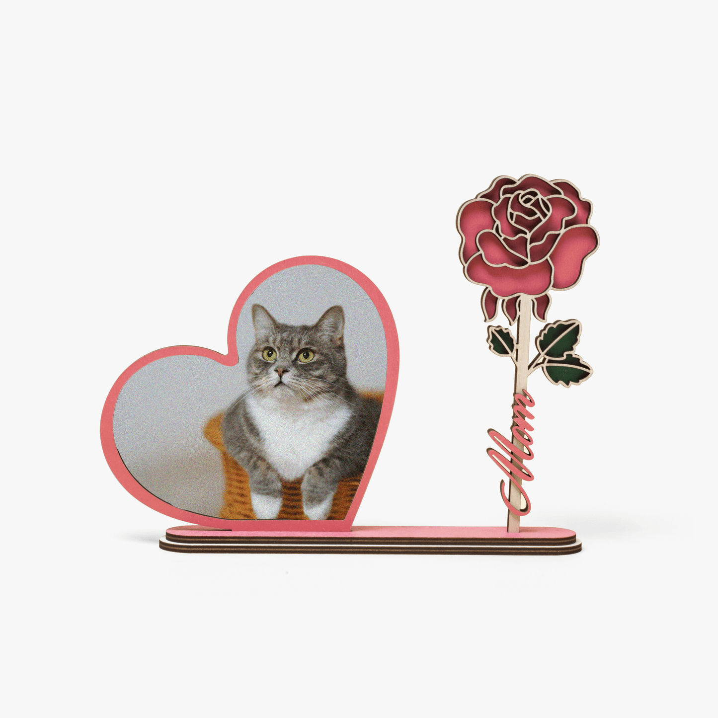 Heart shaped wood frame with cat photo
