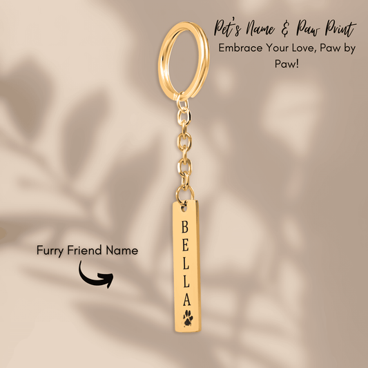 Vertical Bar Keychain with Paw Print & Name - SixCat